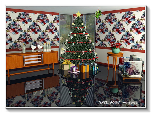 Sims 3 — Tinsel Bows pattern by marcorse — Multi-coloured tinsel gift-box bows arranged in the shape of a Christmas tree