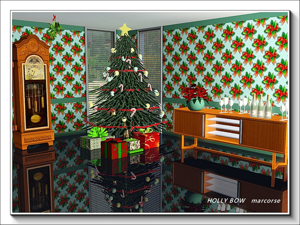 Sims 3 — Holly Bow pattern by marcorse — Sprigs of holly and spruce tied up in a big red and gold bow. 2 recolourable