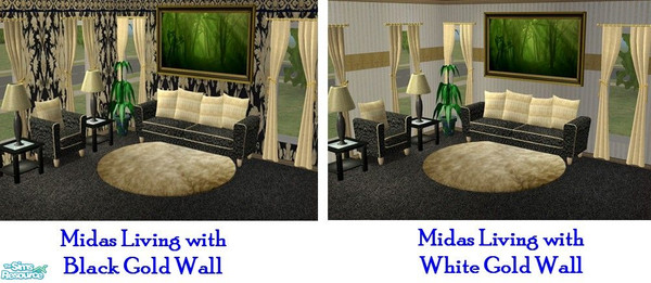 Sims 2 — Midas Living Set by Riverwillows — Rich gold with black and white accents make up this truly decadent livng set.
