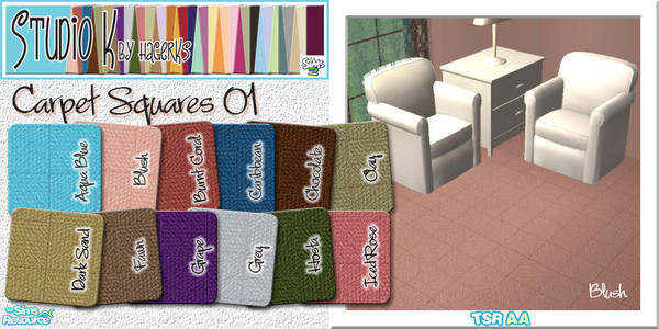Sims 2 — Studio K Carpet Squares 01_01 by StudioKhagerks — 1-12 of 36 colors. Category: Carpet. Price: 6 simoleons.