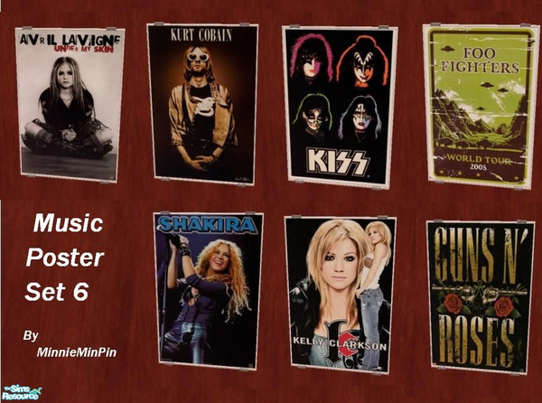 Sims 2 — Music Poster Set 6 by MinnieMinPin — 7 more music posters ~ Avril Lavigne, KISS, Shakira, Guns N\' Roses, Kury
