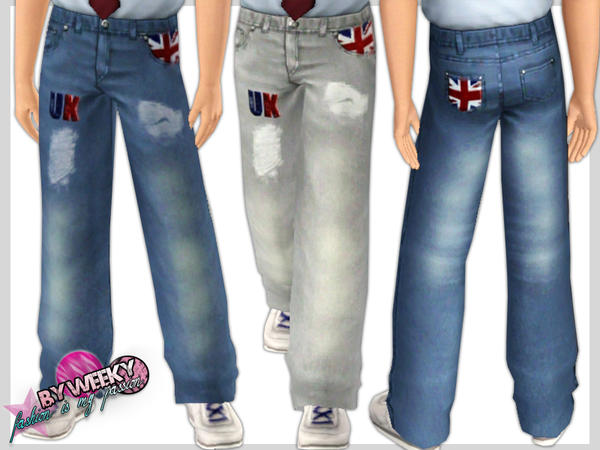 Sims 3 — Denim jeans for boys by Weeky — Denim jeans for boys with icons of Great Britain. Recolorable. For children