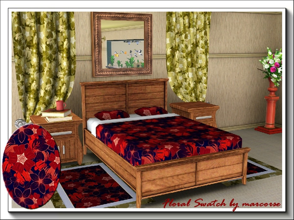 Sims 3 — Floral Swatch_marcorse by marcorse — A rich floral design in tones of red. 3 recolour channels