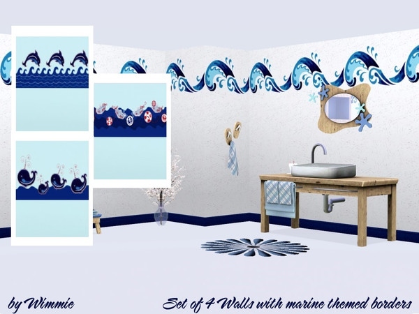 Sims 3 — Set of walls with marine borders by Wimmie — This set contains four walls with marine (dolphin, wale, misc and