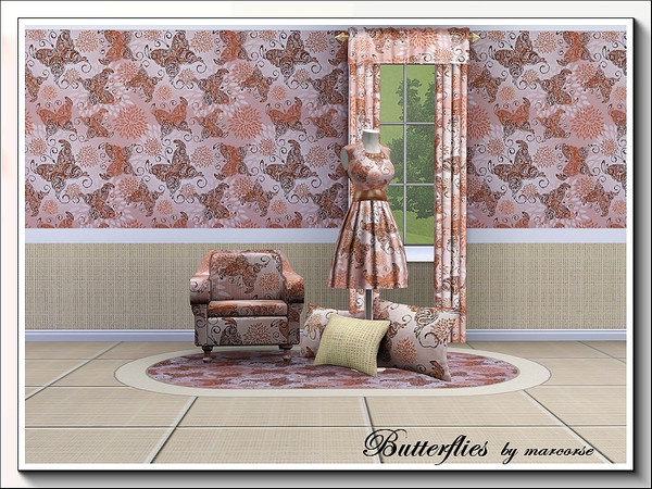 Sims 3 — Butterflies_marcorse by marcorse — Pink print butterflies and starburst flowers in a random repeat Fabric