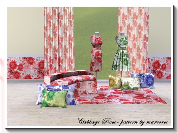 Sims 3 — Cabbage Rose_marcorse by marcorse — Basic cabbage rose shapes and dots in a muddled repeat Fabric pattern. 3
