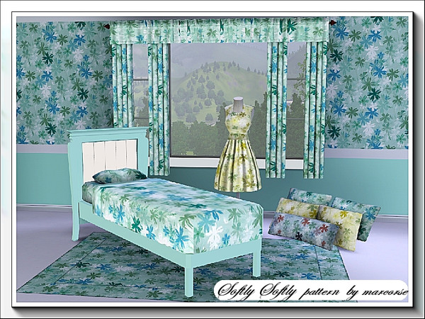 Sims 3 — Softly Softly_marcorse by marcorse — Elongated daisy shapes in muted shades of green,blue and white - a Fabric