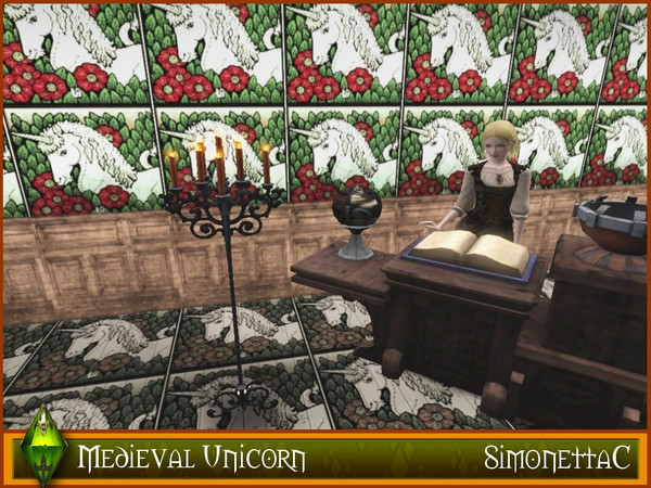 Sims 3 — Medieval Unicorn by SimonettaC — Classic design of a Medieval tile. A beautiful unicorn, peeping through a hedge