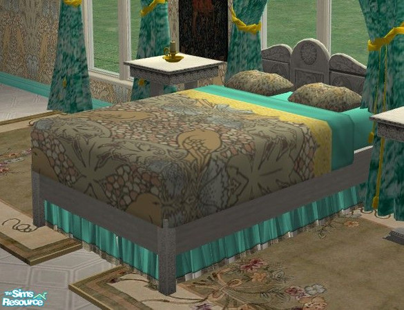 Sims 2 — Bird of Paradise Bedroom - Bed by Riverwillows — Lovely bleached wood bedframe, carved with ornate designs. Part
