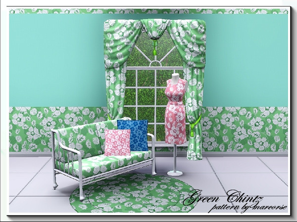 Sims 3 — Green Chintz_marcorse by marcorse — A chintz-style floral Fabric pattern in green and white. 3 recolourable