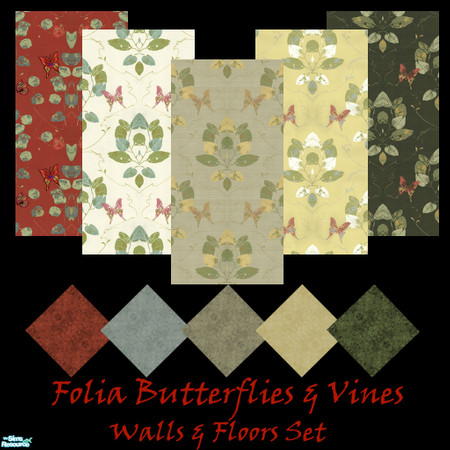 Sims 2 — Folia Butterflies and Vines walls and floors set by Sheera — This set includes 10 items : 5 walls and their 5