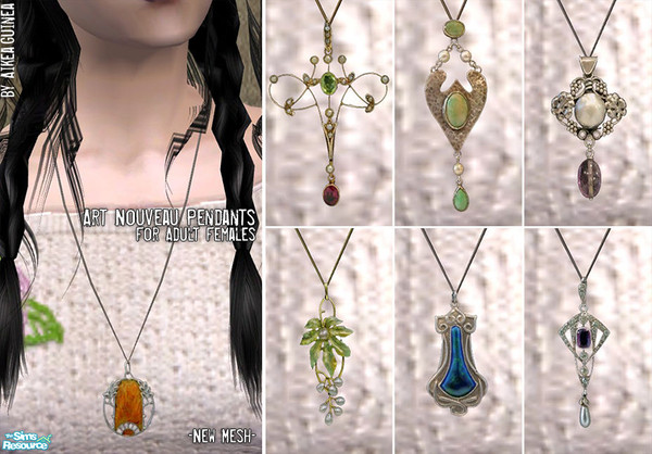 Sims 2 — Art Nouveau Necklaces for Adult Females by aikea_guinea — Set of seven Art Nouveau style necklaces for adult