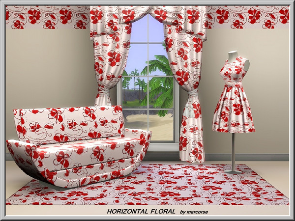 Sims 3 — Horizontal Floral_marcorse by marcorse — Fabric pattern: stylised red flowers on white.