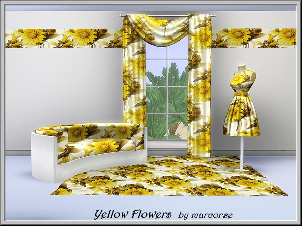 Sims 3 — Yellow Flowers_marcorse by marcorse — Fabric pattern: yellow chrysanthemums and correa on cream background.