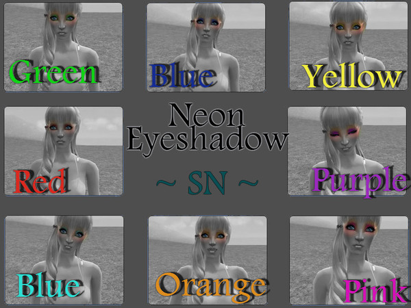Sims 2 — Neon Eyeshadow ~ SN ~ by SailorNeptune — Neon Eyeshadow comes in 8 shades of Red, Yellow, Orange, Green, Purple,