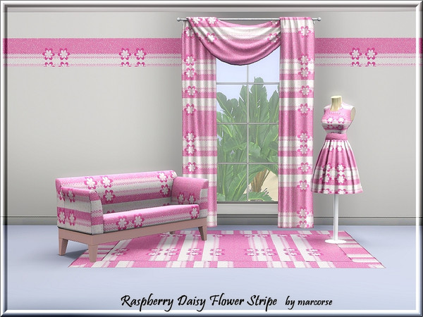 Sims 3 — Raspberry Daisy Flower Stripe_marcorse by marcorse — Fabric pattern: tiny raspberry daisies, flowers and stripes