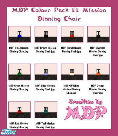 Sims 2 — MDP Colour Pack II -  Mission Dinning Chairs by MelandStv — There are 10 colourful upholsteries in this set.