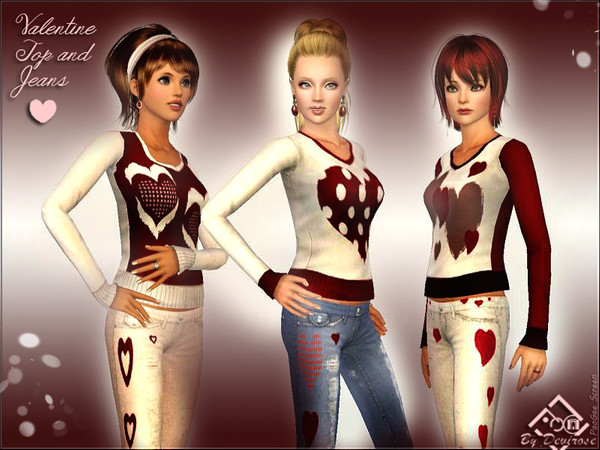 Sims 3 — Valentine Day- Top and Jeans- by Devirose — A witty,simple and romantic set, recolorable, base game compatible,
