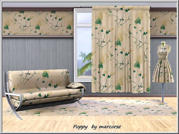 Sims 3 — Poppy_marcorse by marcorse — Fabric pattern: stylised green california poppies on apricot ground