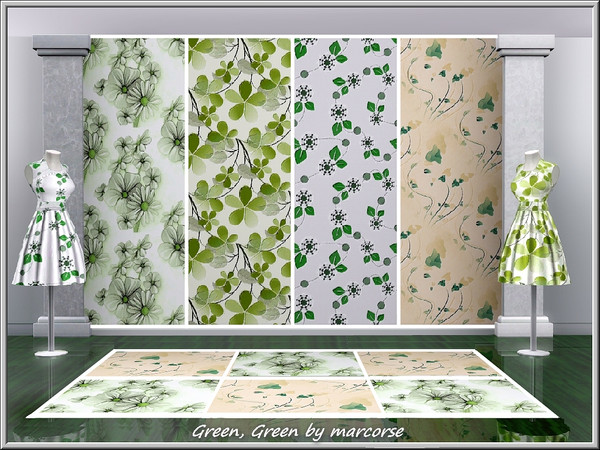 Sims 3 — Green, Green_marcorse by marcorse — Four Fabric patterns with flowers and leaves in shades of green.