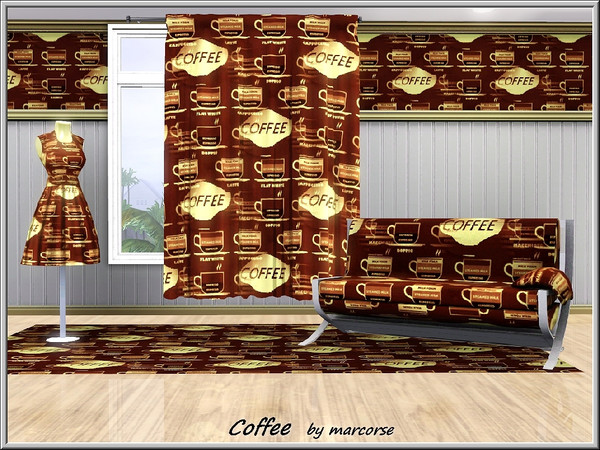 Sims 3 — Coffee_marcorse by marcorse — Themed pattern: coffee varieties in cups - brown and yellow.