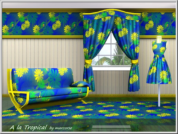 Sims 3 — A la Tropical_marcorse by marcorse — Fabric pattern: blue, green and yellow flowers in a tropical style