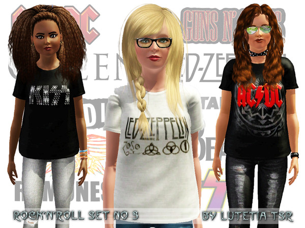 Sims 3 — RockNRoll Set No 3 - Shirt - YA/A by Lutetia — An oversized shirt with printed bandlogos Works for female
