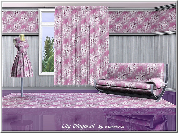 Sims 3 — Lily Diagonal_marcorse by marcorse — Fabric pattern: beautiful pale lilies on a muted pink background
