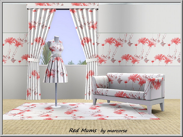 Sims 3 — Red Mums_marcorse by marcorse — Abstract pattern: red chrysanthemums, buds and leaves on white