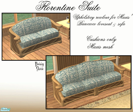Sims 2 — Florentine Suite: Duck Egg Blue Sofa by BunnyTSR — Upholstery recolour of Maxis\' Baroccoco art nouveau loveseat