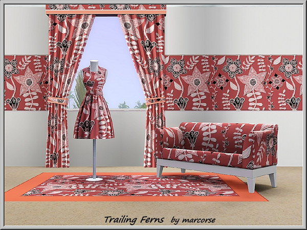 Sims 3 — Trailing Ferns_marcorse by marcorse — Fabric pattern: stylised flowers and trailing ferns, white on dull red