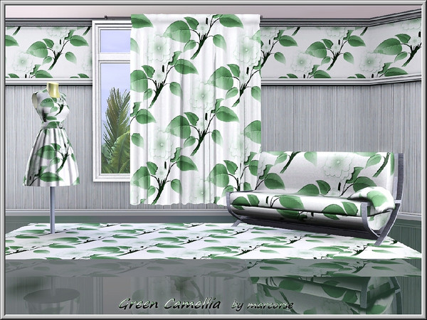 Sims 3 — Green Camellia_marcorse by marcorse — Fabric pattern: pale camellia flowers and green leaves