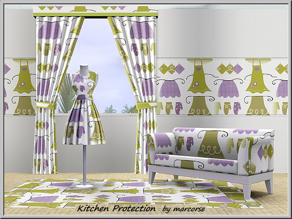 Sims 3 — Kitchen Protection_marcorse by marcorse — Themed pattern: aprons, gloves and potholders in purple and green