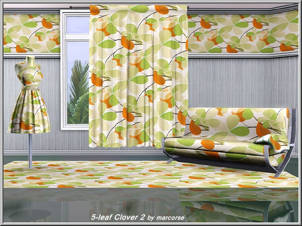 Sims 3 — 5-Leaf Clover 2_marcorse by marcorse — Fabric pattern: mystical 5-leaf clover stems in orange and green