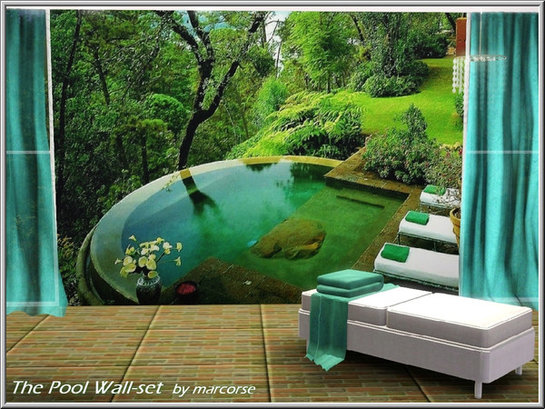Sims 3 — The Pool Wall-set_marcorse by marcorse — Beautiful meditation pool setting in mountain greenery. 4 panel