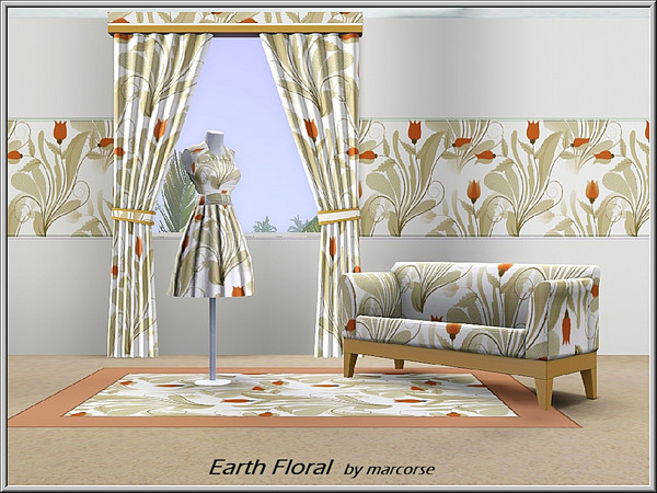 Sims 3 — Earth Floral_marcorse by marcorse — Fabric pattern: clumps of tulip-shaped flowers and leaves in sepia tones