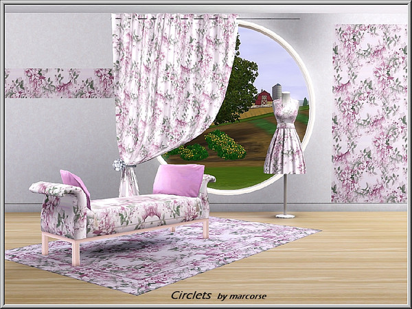Sims 3 — Circlets_marcorse by marcorse — Fabric pattern: circlets of pink flowers and green leaves.
