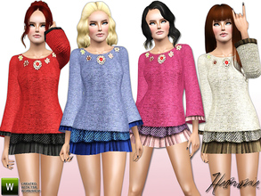 Sims 3 — Floral-Applique Layered-Hem Knit Top by Harmonia — 3 Variations. Recolorable 