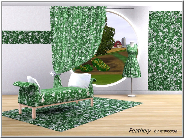Sims 3 — Feathery_marcorse by marcorse — Fabric pattern: feathery leaf and flower shapes on green