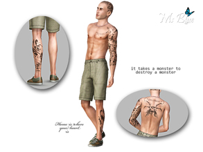 Sims 3 — Male Tattoo Set 01 by Ms_Blue — Set of 3 male tattoos + one with all the tattoos together. First is a left arm