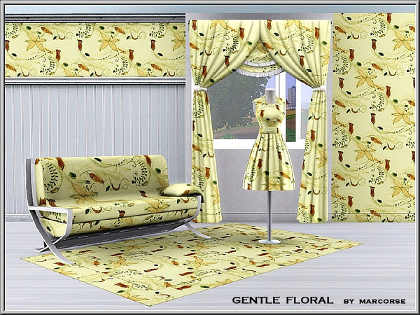 Sims 3 — Gentle Floral_marcorse by marcorse — Abstract pattern: flowers and vines in a gentle abstract design on yellow