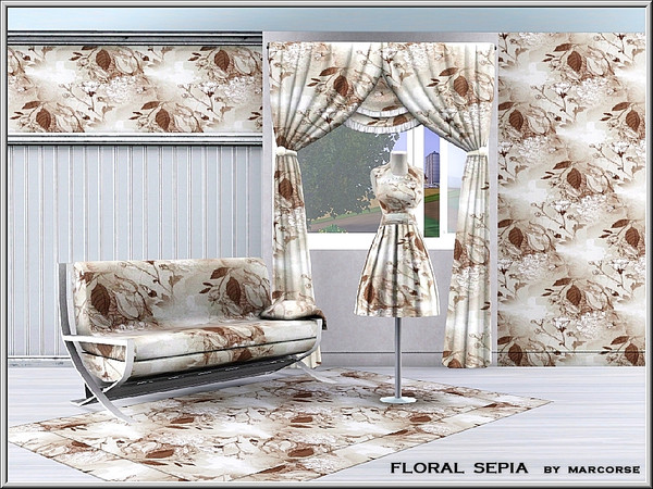 Sims 3 — Floral Sepia_marcorse by marcorse — Fabric pattern: blossoms and leaves in a sepia toned diagonal design