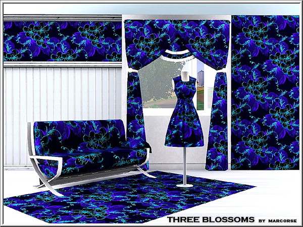 Sims 3 — Three Blossoms_marcorse by marcorse — Fabric pattern: bold violet and aqua floral centred on three blossoms
