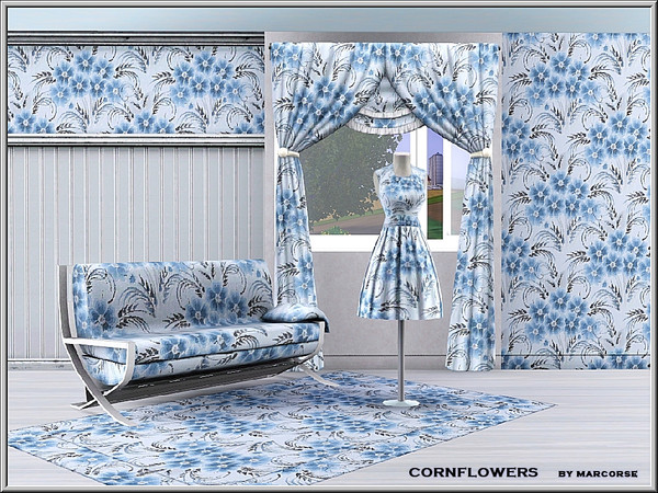 Sims 3 — Cornflowers_marcorse by marcorse — Fabric pattern: beautiful cornflowers and leaf flourishes in a regular repeat