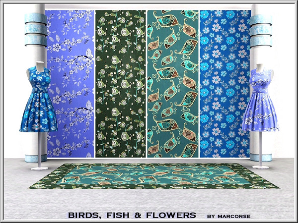 Sims 3 — Birds, Fish and Flowers_marcorse by marcorse — Four patterns in light to dark blue. Ultra Floral is found in
