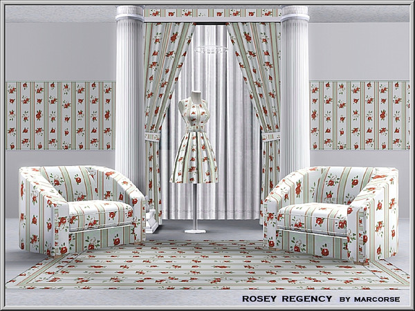 Sims 3 — Rosey Regency_marcorse by marcorse — Fabric pattern: red rosebuds and a green regency stripe on yellow