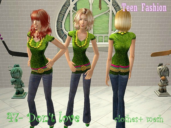 Sims 2 — 47-Don\'t love by Well_sims — Beautiful lime green T-shirt with blue jeans.