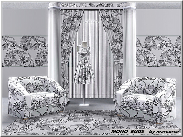 Sims 3 — Mono Buds_marcorse by marcorse — Fabric pattern: beautiful rose floral in grey and white.