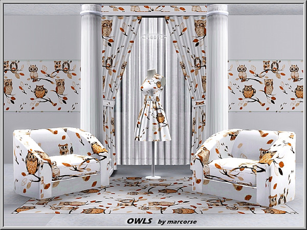 Sims 3 — Owls_marcorse by marcorse — Themed pattern: owls on leafy branches in a random design