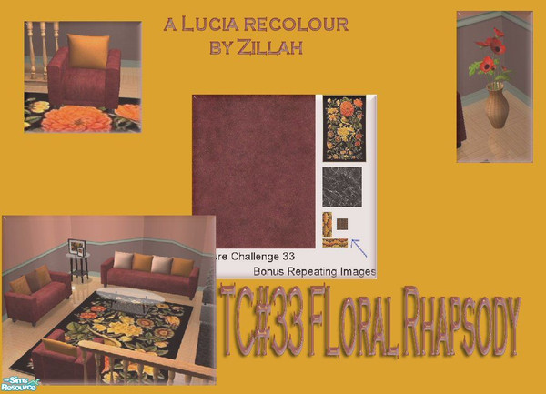 Sims 2 — TC33 Floral Rhapsody by Zillah — A recolour of the Lucia lounge by Shakeshaft with textures by D2Diamond. Rug